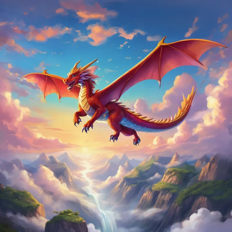 After passing the final challenge, a magnificent pair of wings sprouted from Dragon's back. She flapped them gently, feeling an incredible surge of joy and power. Dragon had discovered her true potential and unlocked the ability to fly high above the clouds. With her new wings, Dragon soared through the sky, leaving behind a trail of vibrant colors and happiness. She couldn't contain her excitement as she glided over the hills and above the sparkling rivers. From that moment on, Dragon dedicated her life to bringing smiles and happiness to all.