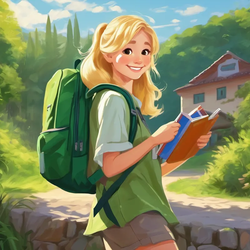 Blonde hair, green backpack, happy smile. wakes up, gathers school supplies, eats breakfast