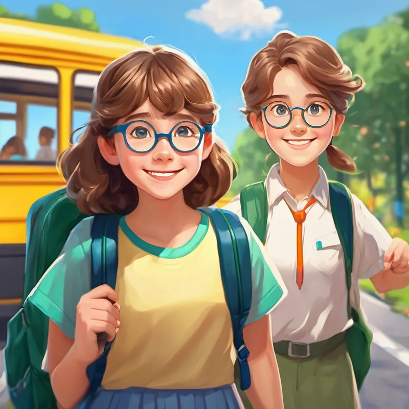 Brown hair, blue glasses, kind and helpful. and Blonde hair, green backpack, happy smile. wait for the school bus