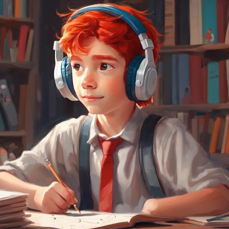 Red hair, headphones, loves drawing and math. covers his ears, classmates play instruments in class