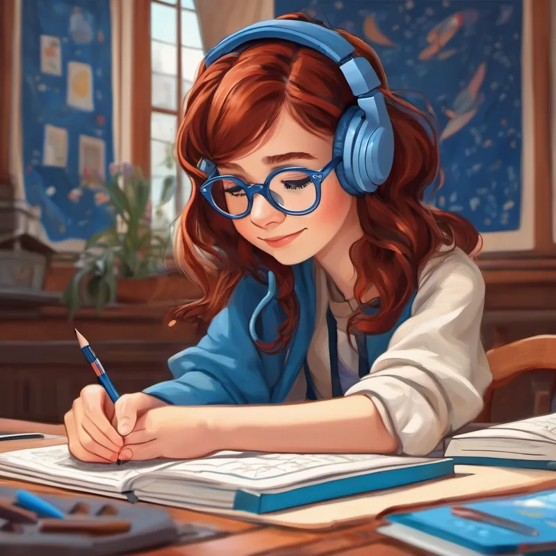 Brown hair, blue glasses, kind and helpful. gives Red hair, headphones, loves drawing and math. a weighted blanket to calm down