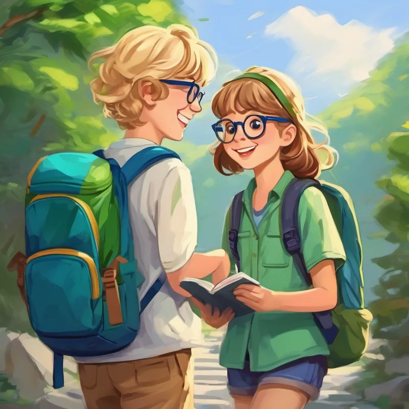 Blonde hair, green backpack, happy smile. and Brown hair, blue glasses, kind and helpful. draw and write together