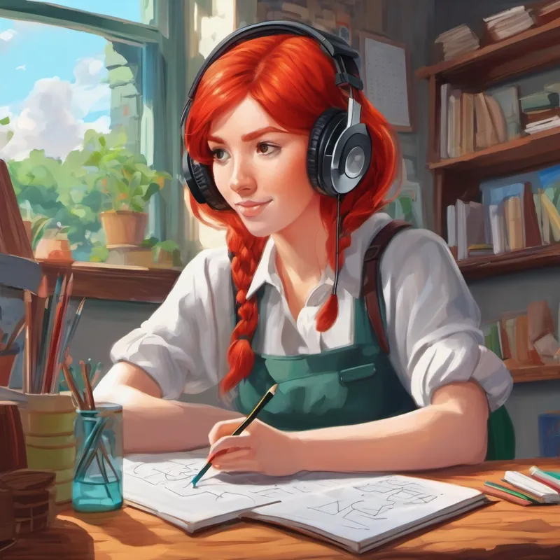 Red hair, headphones, loves drawing and math. completes math test with teacher's help