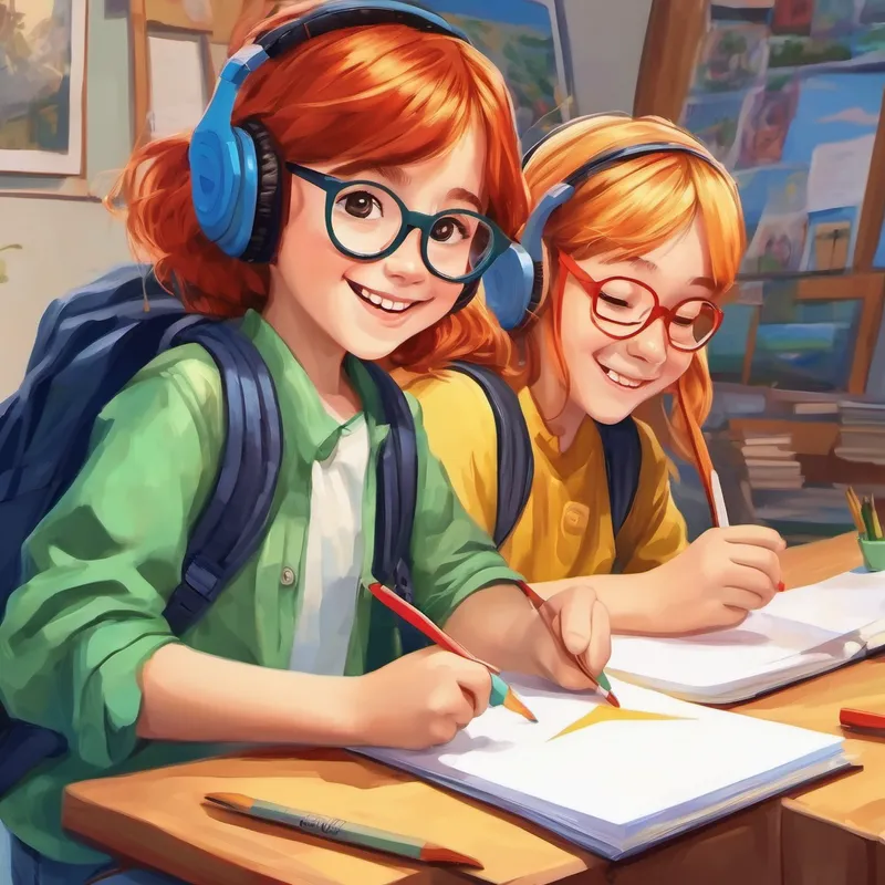 Blonde hair, green backpack, happy smile., Brown hair, blue glasses, kind and helpful., and Red hair, headphones, loves drawing and math. playing together at recess