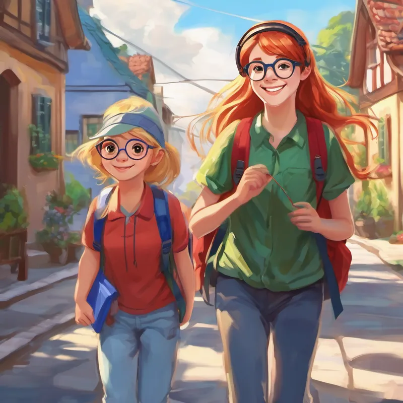 Blonde hair, green backpack, happy smile., Brown hair, blue glasses, kind and helpful., and Red hair, headphones, loves drawing and math. smiling while walking home