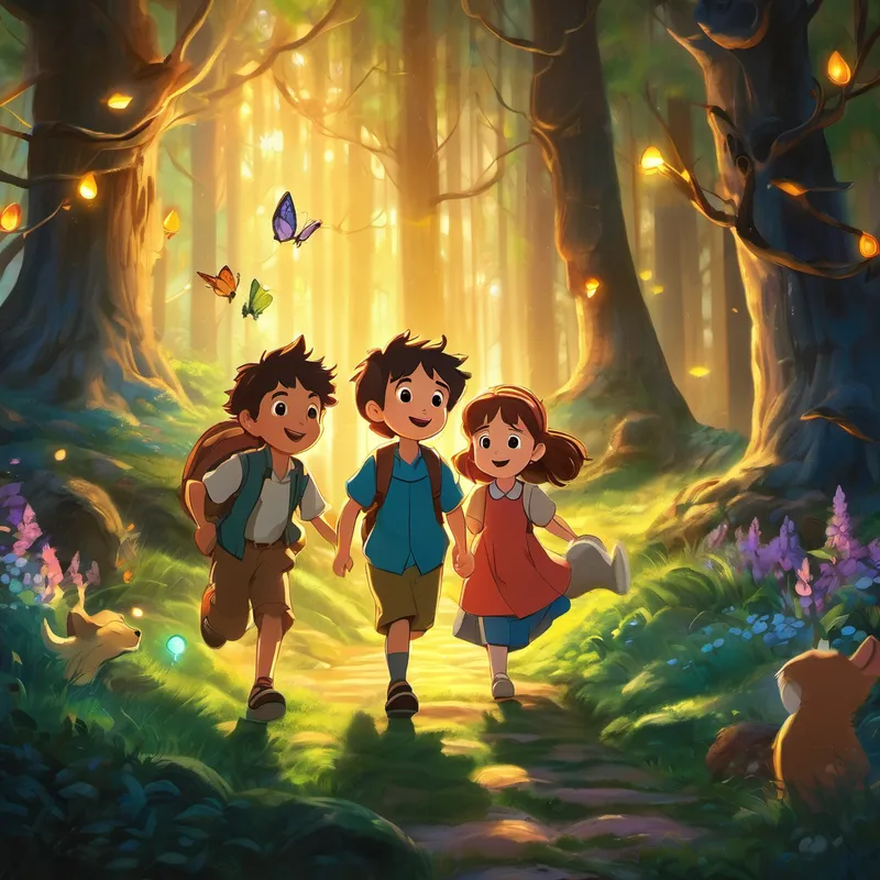 And as you close your eyes tonight, picture Benny, Sammy, Oliver, and Lily playing together, forever surrounded by the magical glow of friendship in the heart of the enchanted forest. The end.