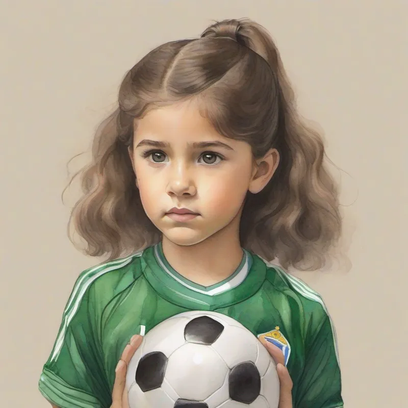 Bella is a determined girl with brown hair and a soccer jersey. holds a soccer ball, surrounded by a worried expression.