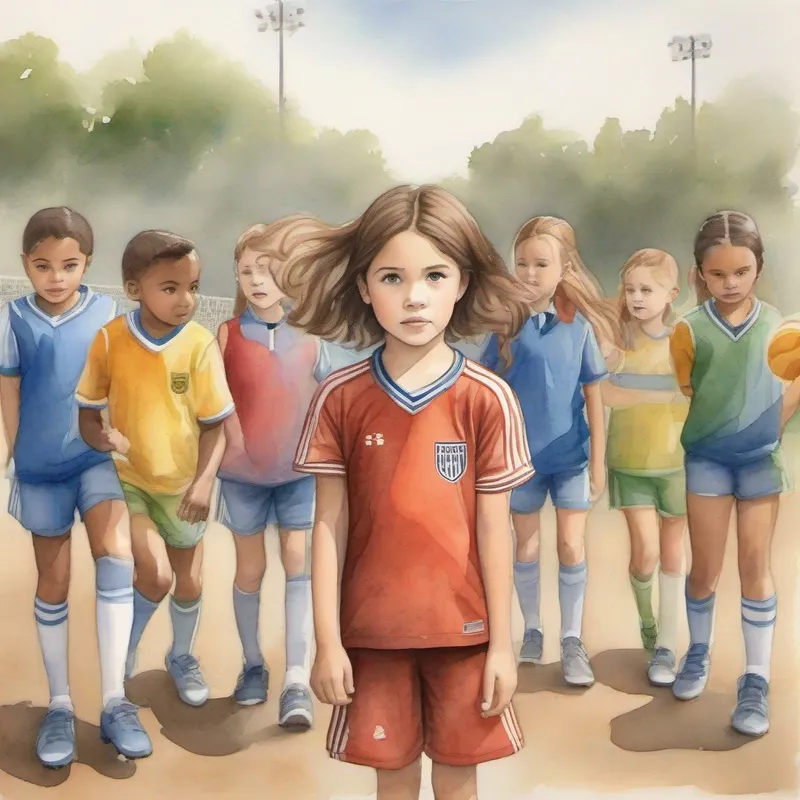 Bella is a determined girl with brown hair and a soccer jersey. surrounded by other children, feeling nervous but determined.