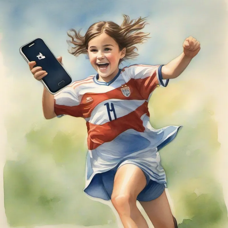 Bella is a determined girl with brown hair and a soccer jersey. jumping with joy as she receives the phone call.