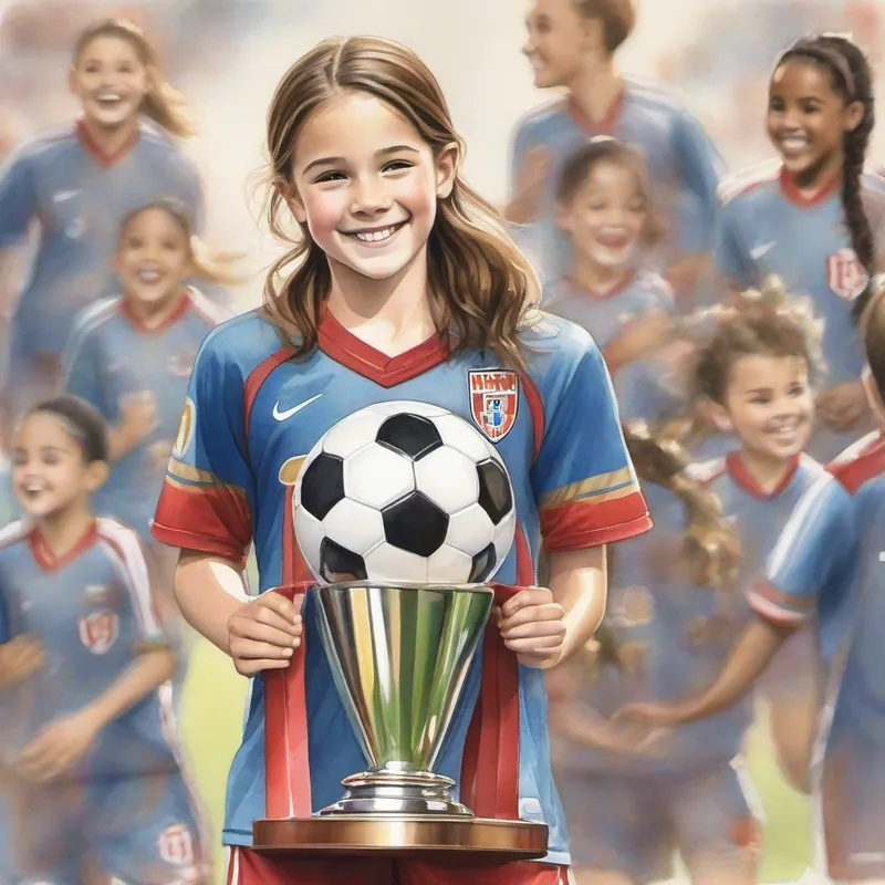Bella is a determined girl with brown hair and a soccer jersey. smiling with her teammates, holding a trophy.
