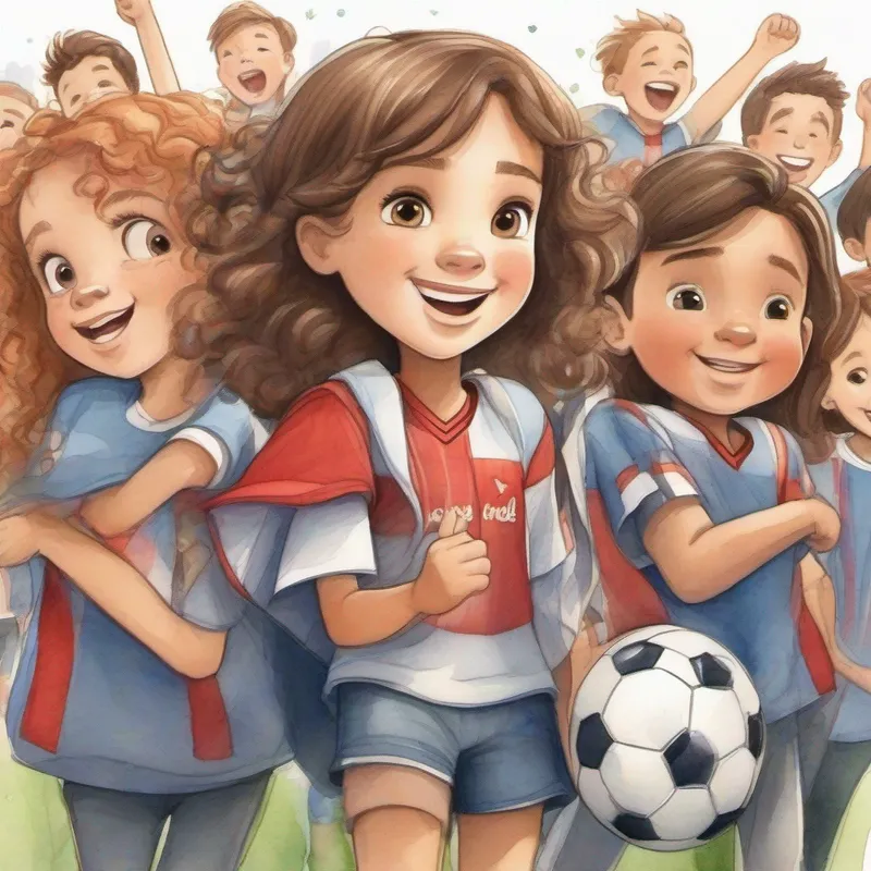 Bella is a determined girl with brown hair and a soccer jersey. surrounded by happy friends, supporting and cheering each other.