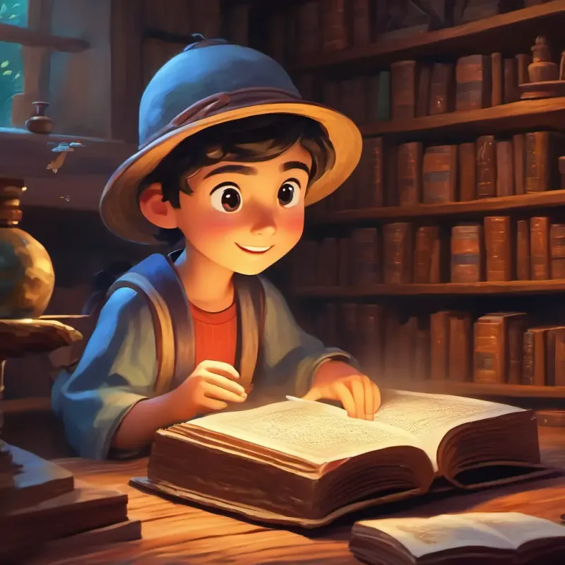 Excited young scholar with curious eyes, fair skin's discovery of the ancient book and its mystical contents