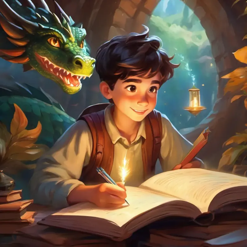 Excited young scholar with curious eyes, fair skin's fascination with the creatures in the book and the magical appearance of a dragon