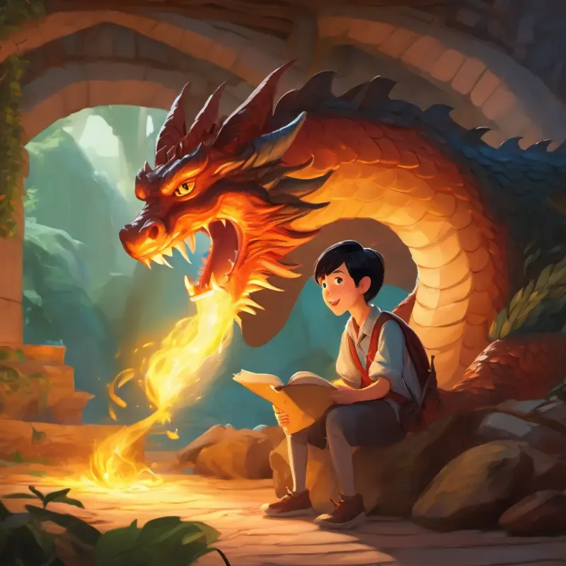 Excited young scholar with curious eyes, fair skin's meeting with Longwei the dragon and the beginning of their adventure