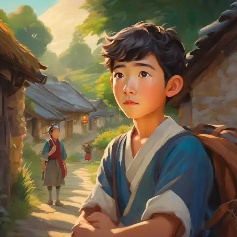 Excited young scholar with curious eyes, fair skin's return to the village, saying goodbye to Longwei, and reflecting on his extraordinary journey