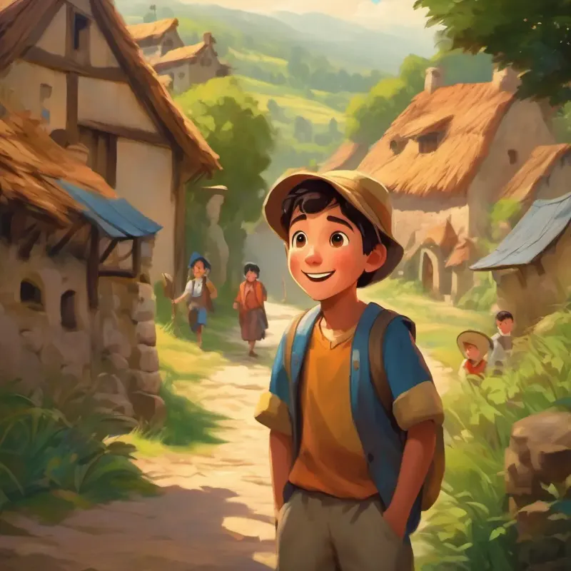 Excited young scholar with curious eyes, fair skin's sharing of his adventure with the village children and the moral of the story