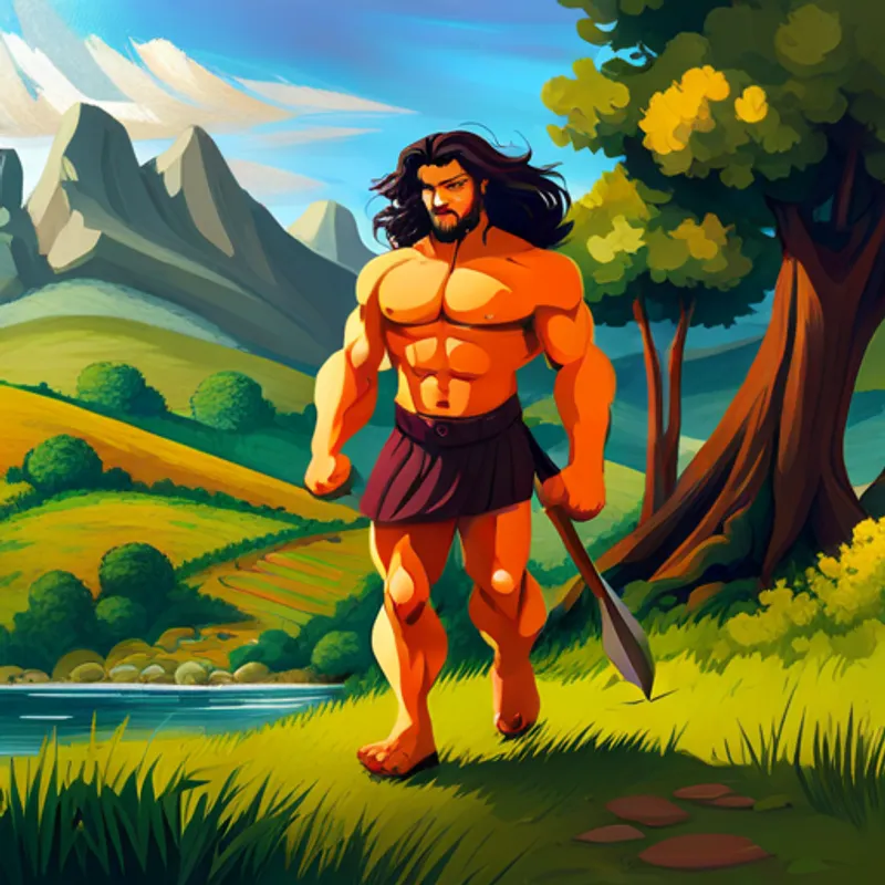 Samson walking with a strong body and long hair