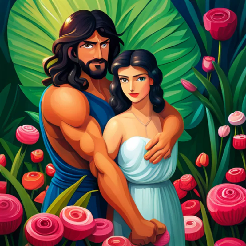 Samson and Delilah holding hands next to flowers