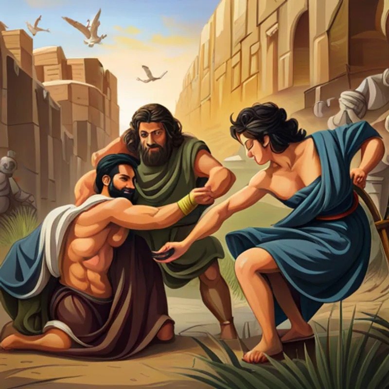 Delilah cutting Samson's hair, Philistines surrounding and chaining him