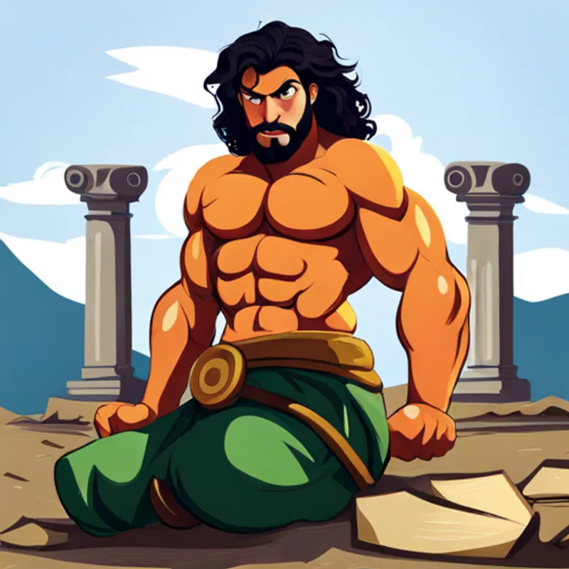 Samson pushing pillars, temple crumbling, brave and determined