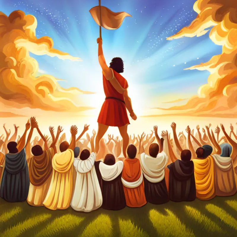 People celebrating Samson's heroism, looking up to the sky