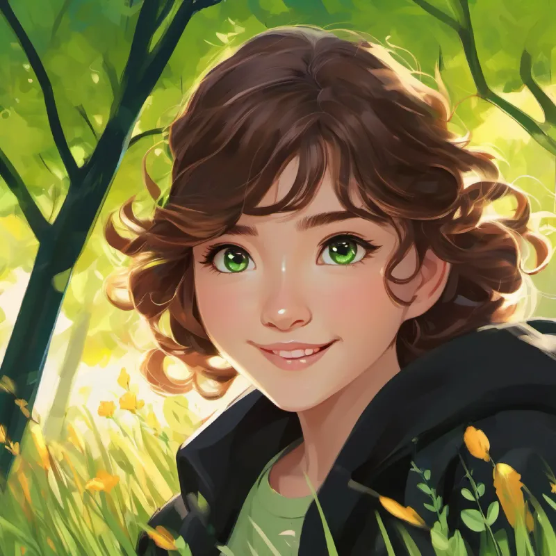 Shiny black coat, joyful sparkling eyes's shiny coat and joyful eyes, playing with Curly brown hair, sparkling green eyes in the meadow