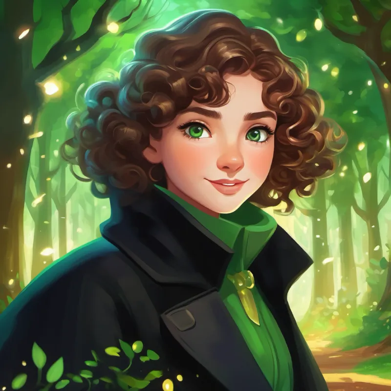 Curly brown hair, sparkling green eyes and Shiny black coat, joyful sparkling eyes setting off to the enchanted forest