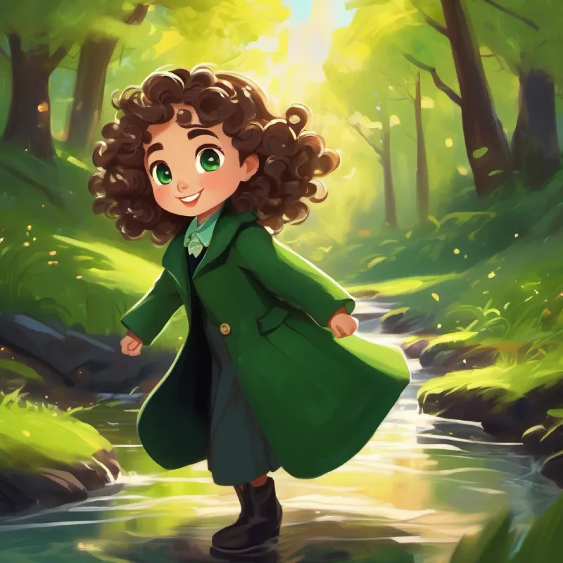 Curly brown hair, sparkling green eyes and Shiny black coat, joyful sparkling eyes discovering the magical stream, playing joyfully