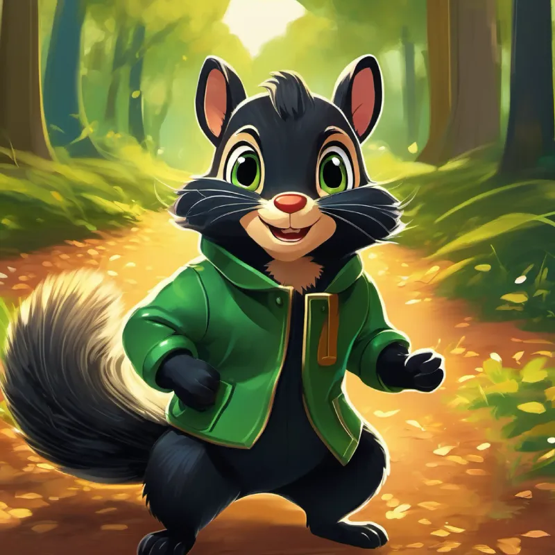 Shiny black coat, joyful sparkling eyes chasing the mischievous squirrel, with Curly brown hair, sparkling green eyes in tow, a playful chase