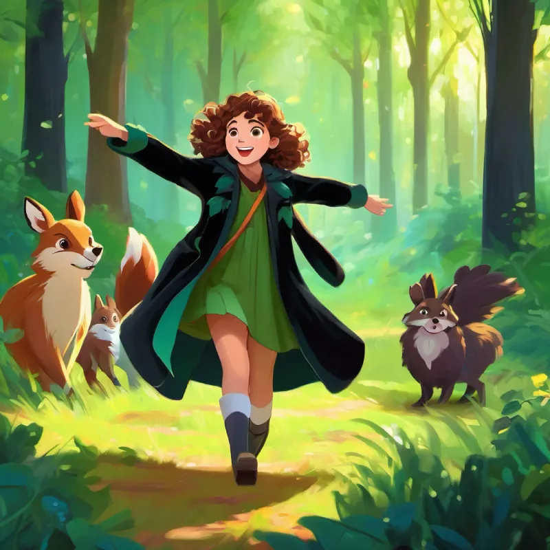 Shiny black coat, joyful sparkling eyes and Curly brown hair, sparkling green eyes finding the woodland animal dance party in the clearing