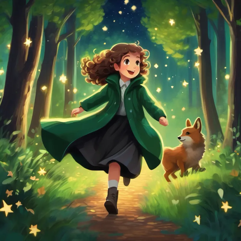 Shiny black coat, joyful sparkling eyes and Curly brown hair, sparkling green eyes dancing with the woodland animals, heading home under the stars