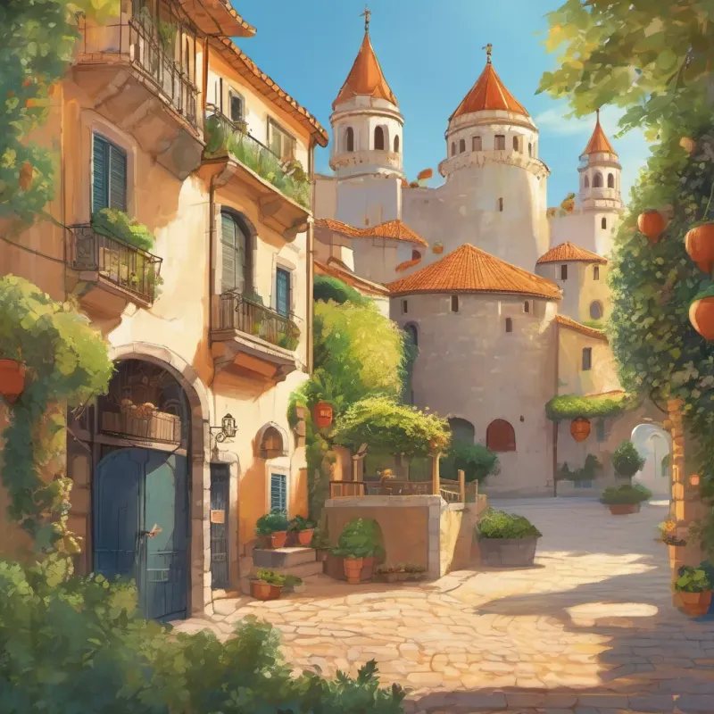 A sunny corner of Spain with a 12-year-old boy named A young boy of 12 with curly hair and a radiant smile, embodying the spirit of Charlemagne, curly-haired and with a radiant smile, embodying the spirit of Emperor Charlemagne.