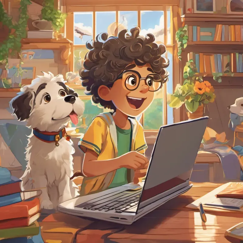 A sunny morning with A young boy of 12 with curly hair and a radiant smile, embodying the spirit of Charlemagne and his energetic dog, An energetic and loyal dog, accompanying Bosco with playful barks, heading to A tech-savvy boy with crooked glasses and a laptop, always ready for a new challenge's house amidst singing and barking.