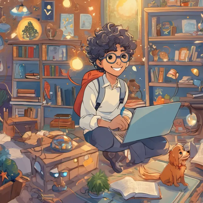 A young boy of 12 with curly hair and a radiant smile, embodying the spirit of Charlemagne and A tech-savvy boy with crooked glasses and a laptop, always ready for a new challenge celebrating their achievement with An energetic and loyal dog, accompanying Bosco with playful barks circling around them, like guiding stars in the night.