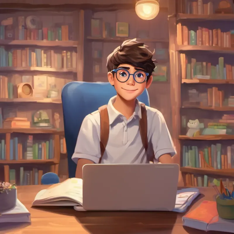 A young tech genius named A tech-savvy boy with crooked glasses and a laptop, always ready for a new challenge with crooked glasses, exclaiming with excitement, holding a laptop.