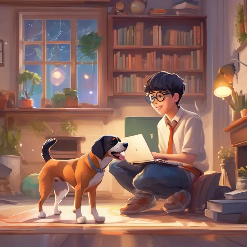 A tech-savvy boy with crooked glasses and a laptop, always ready for a new challenge explaining the use of artificial intelligence with enthusiasm and An energetic and loyal dog, accompanying Bosco with playful barks barking in agreement.