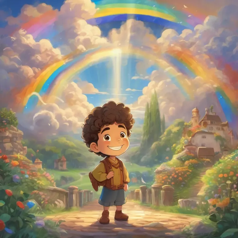 A young boy of 12 with curly hair and a radiant smile, embodying the spirit of Charlemagne dreaming of a united country, using the metaphor of a rainbow after rain while gesticulating.
