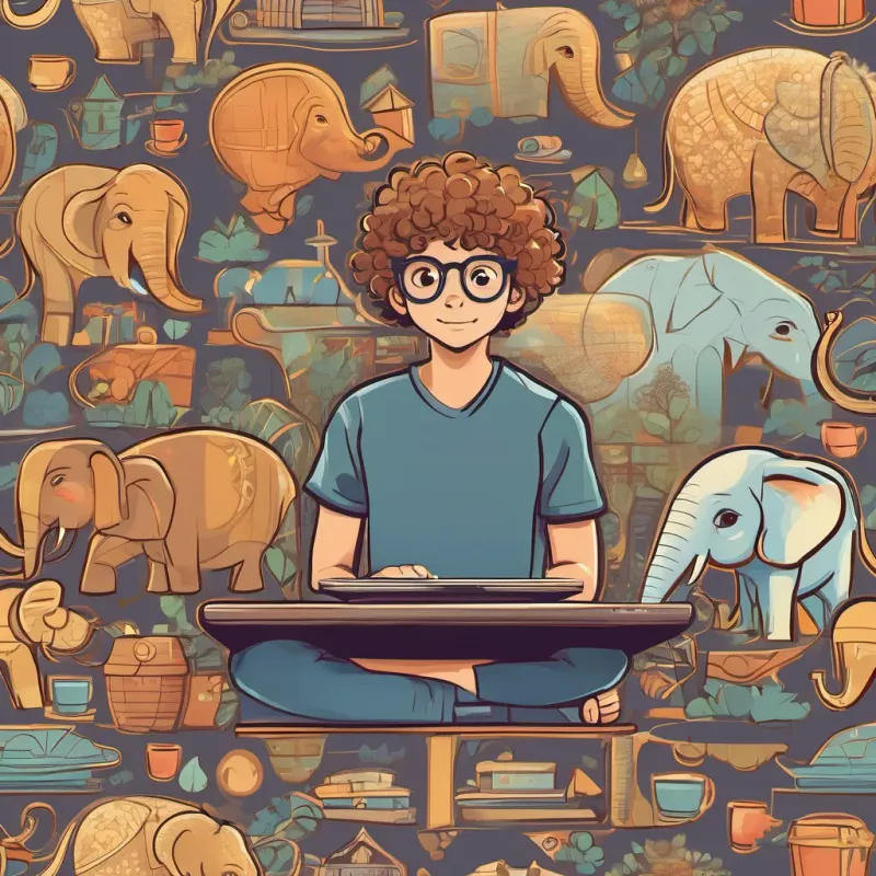 A young boy of 12 with curly hair and a radiant smile, embodying the spirit of Charlemagne and A tech-savvy boy with crooked glasses and a laptop, always ready for a new challenge using social media to appeal to young people, comparing their movement to elephants versus mice.
