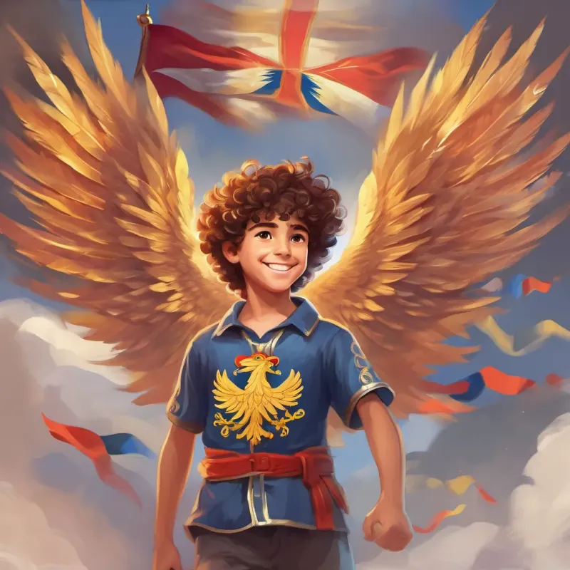 A young boy of 12 with curly hair and a radiant smile, embodying the spirit of Charlemagne envisioning Spain as a phoenix, with the Spanish flag flying proudly in the background.