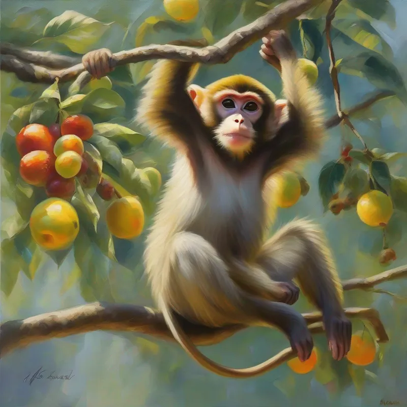 Monkey swinging from tree and eating fruits