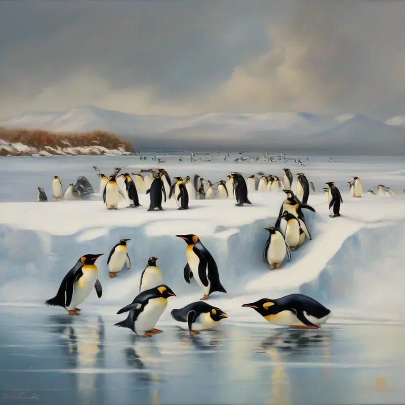 Penguins sliding and swimming on ice