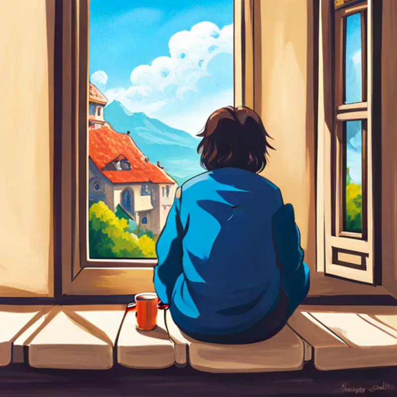 Ayko sitting by a window, looking out at the town