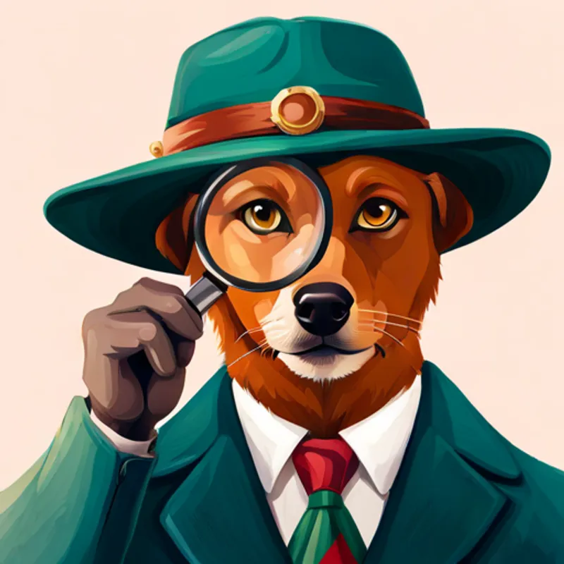 Ayko wearing a detective hat and magnifying glass in his paw