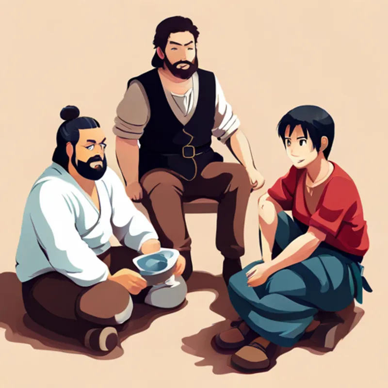 Ayko, Obi, and Gray sitting in a circle, planning their next move