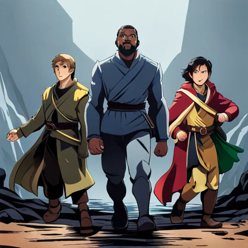 Ayko, Obi, and Gray with their paws in the air, cautiously walking through a dark cave