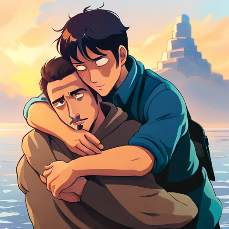 Ayko, Obi, and Gray bringing Mirthe back home, with Mirthe hugging Ayko tightly