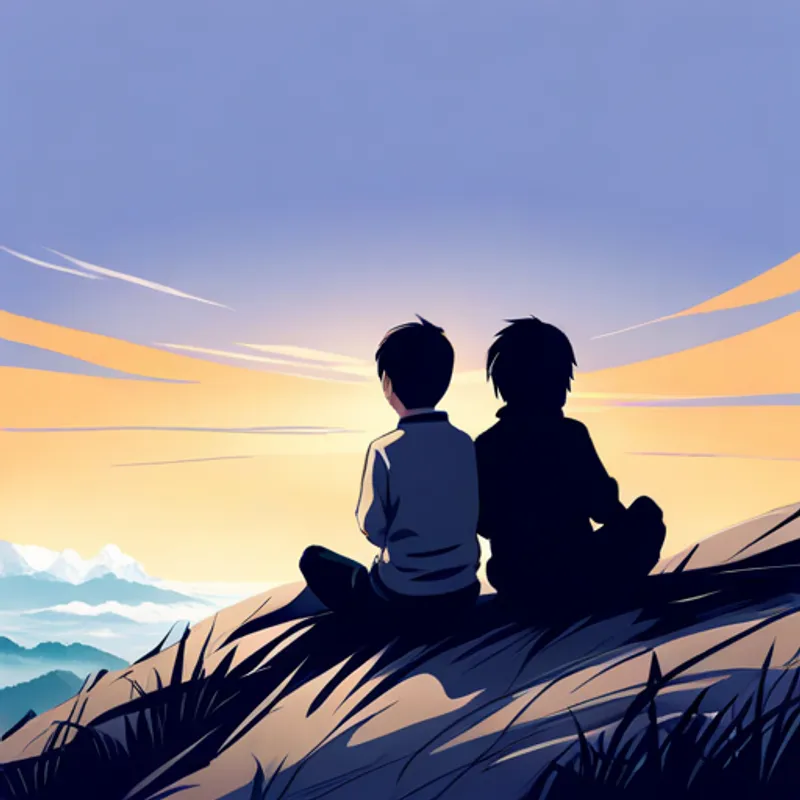 Ayko, Obi, and Gray sitting on a hill, looking out at the sunset