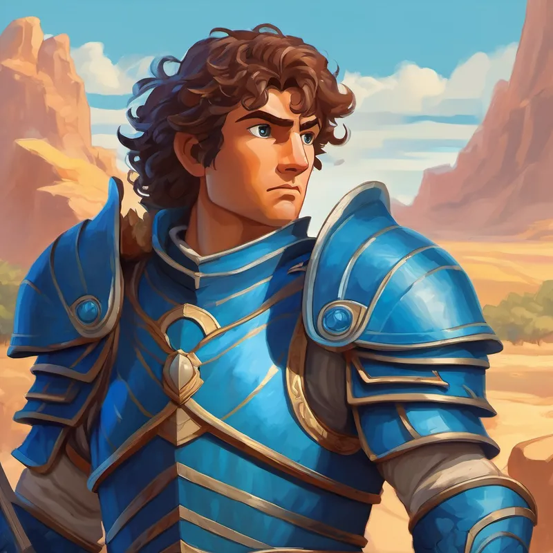 Brave hero with blue armor and a determined gaze sets off on a quest to save Mythos