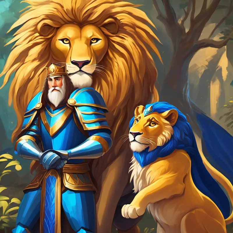 Brave hero with blue armor and a determined gaze meets Talking lion with golden mane and wise eyes, the wise talking lion