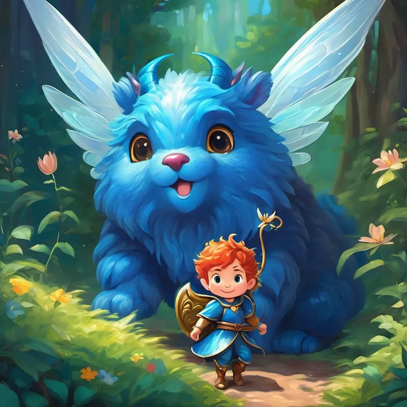 Brave hero with blue armor and a determined gaze meets Mischievous fairy with shimmering wings and playful giggle, the mischievous fairy